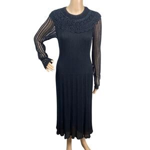 Vtg 60s Nina Spain Black Gothic Lolita Crochet Collared Knit Midi Dress SZ M/L